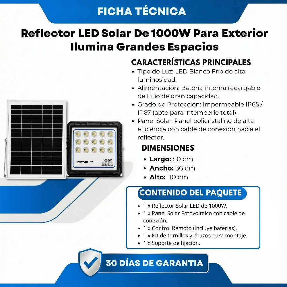 Reflector LED Solar De 1000W Para Exterior Ilumina Grandes Espacios