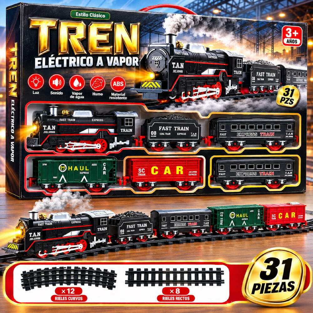 Tren Electrico A Vapor Con Humo Y Luz 6338 Set De 31 Piezas Con Sonido De 155CM