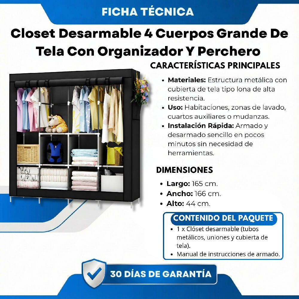 Closet Desarmable 4 Cuerpos Grande De Tela Con Organizador Y Perchero Armable