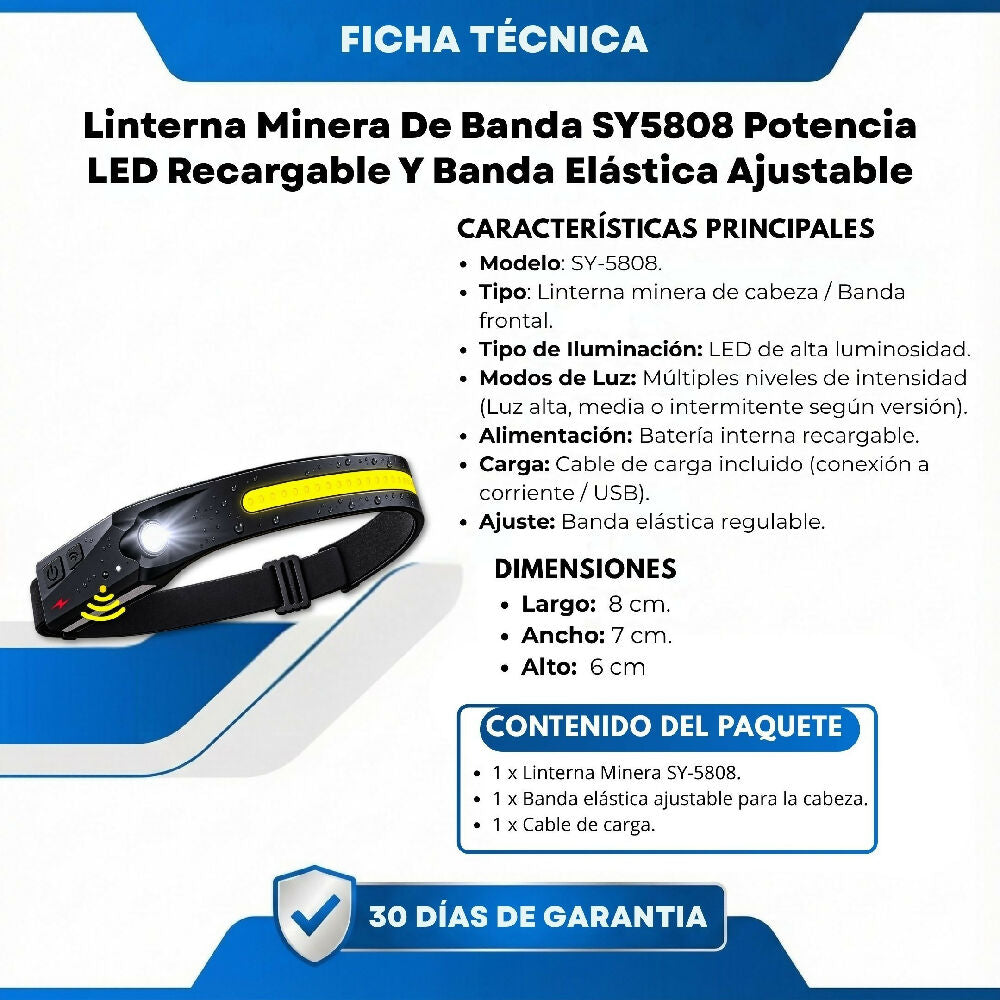 Linterna Minera De Banda SY5808 Potencia LED Recargable Y Banda Elástica Ajustable