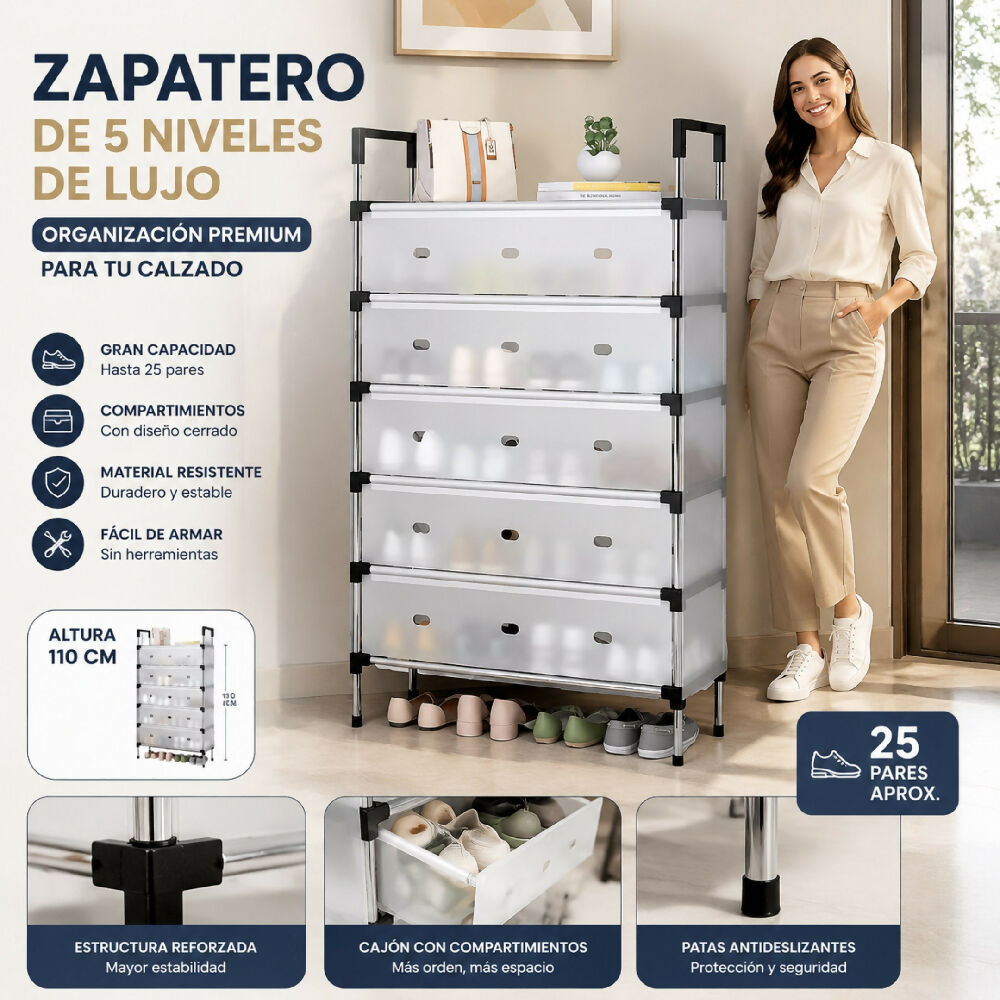 Zapatero Organizador De Lujo De 5 Niveles Con Compartimientos Y Cajón