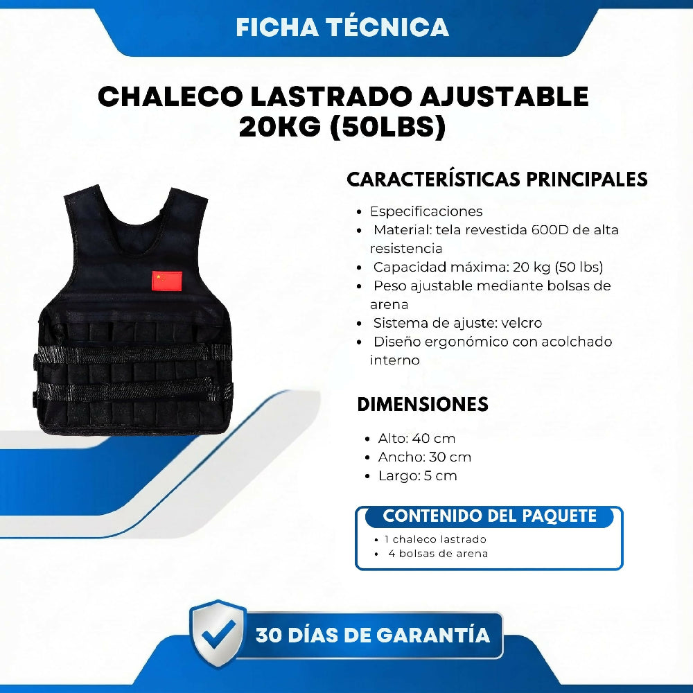 Chaleco Lastrado Ajustable 20Kg (50LBS) Chaleco De Peso Para Entrenamiento Fitness Y Fuerza