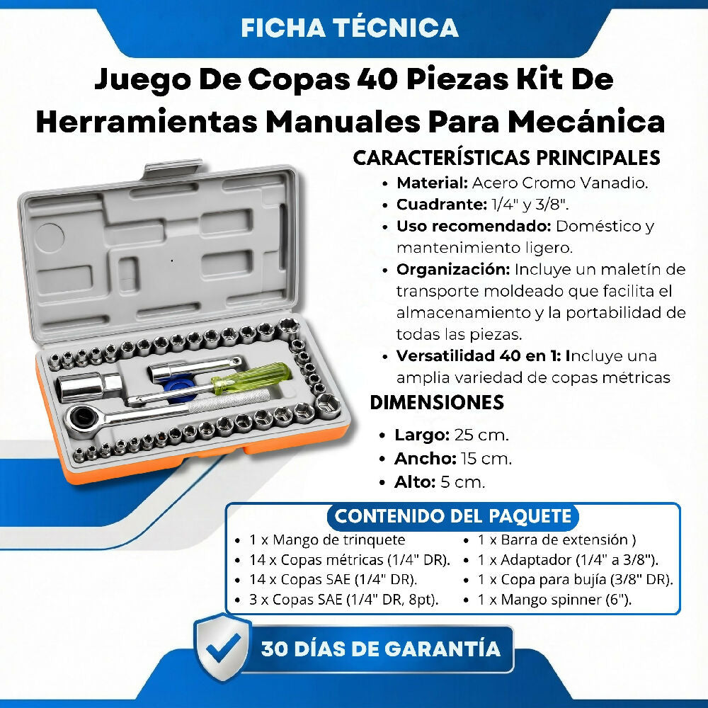 Juego De Copas 40 Piezas Kit De Herramientas Manuales Para Mecánica
