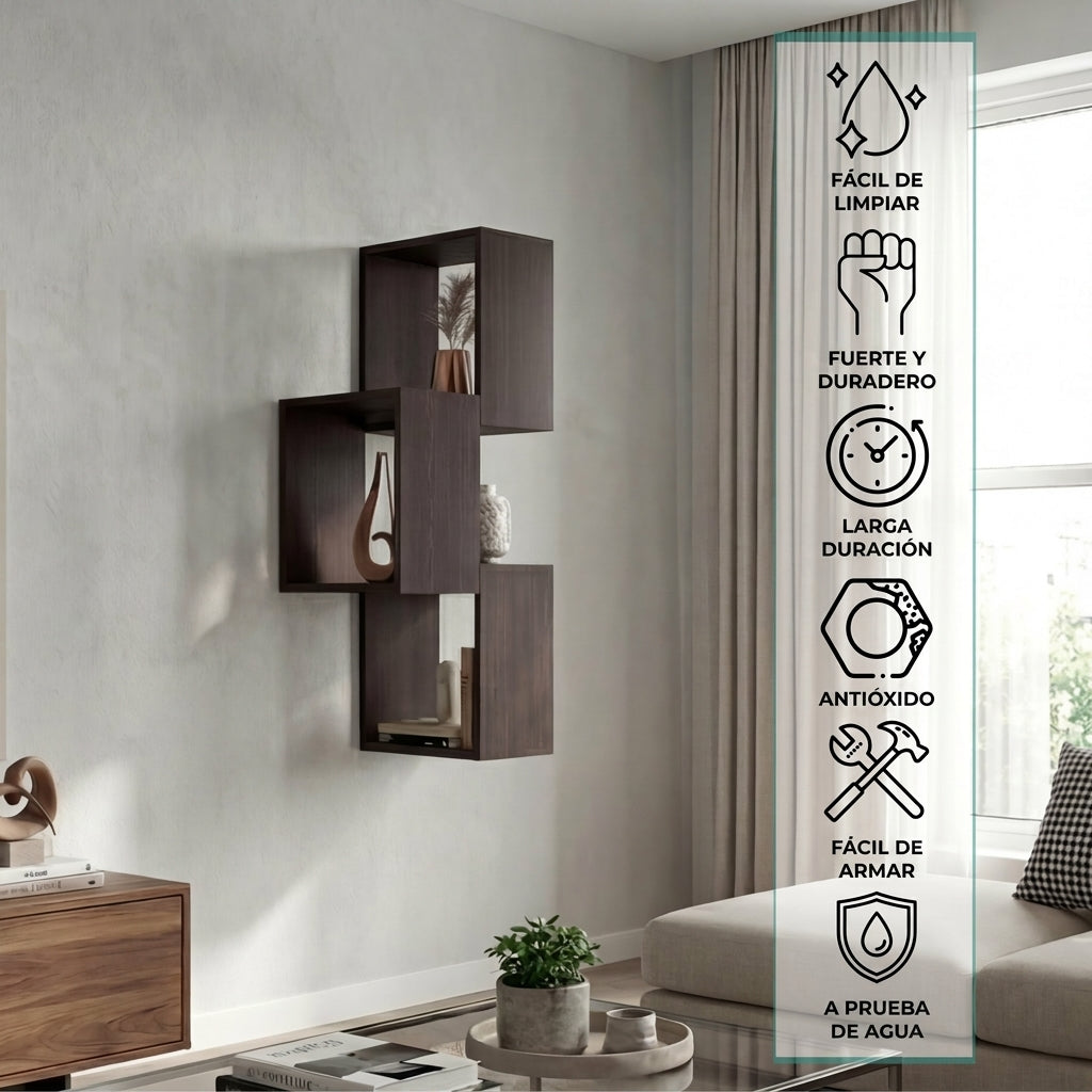 Repisa Pared Seyner, Wengue, Tres Cubos con Espacio para Colocar Objetos Decorativos ZF