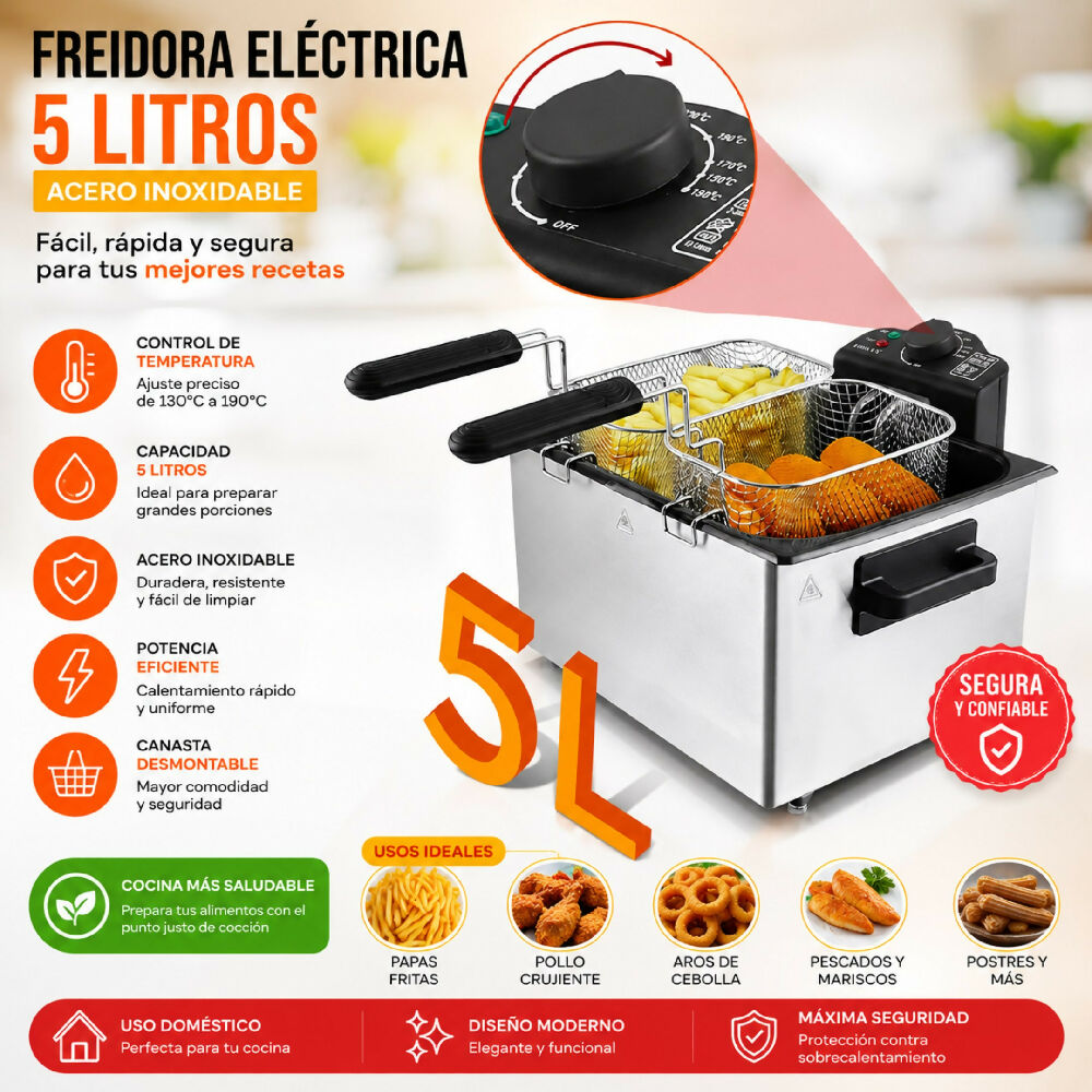 Freidora Eléctrica Aceite Domestica 5Litros Acero Inoxidable