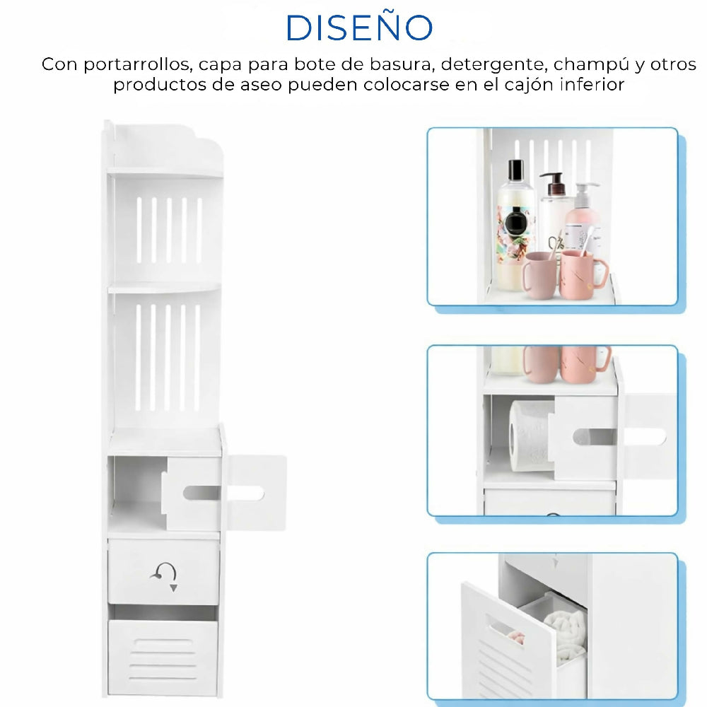 Organizador De Baño Vertical 120 Cm Con Estantes Y Cajón Mueble Slim Multifuncional Para Espacios Pequeños Color Blanco