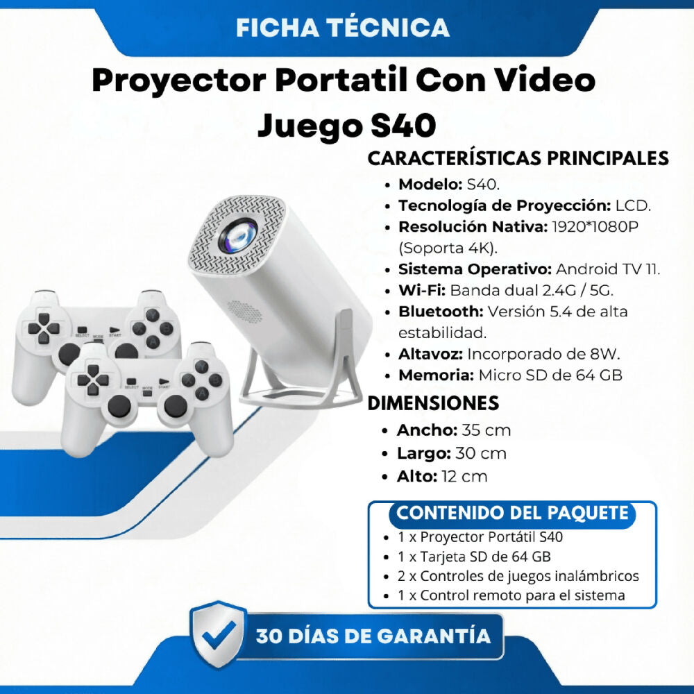Proyector Portátil Inteligente S40 con Consola de Videojuegos Retro Integrada