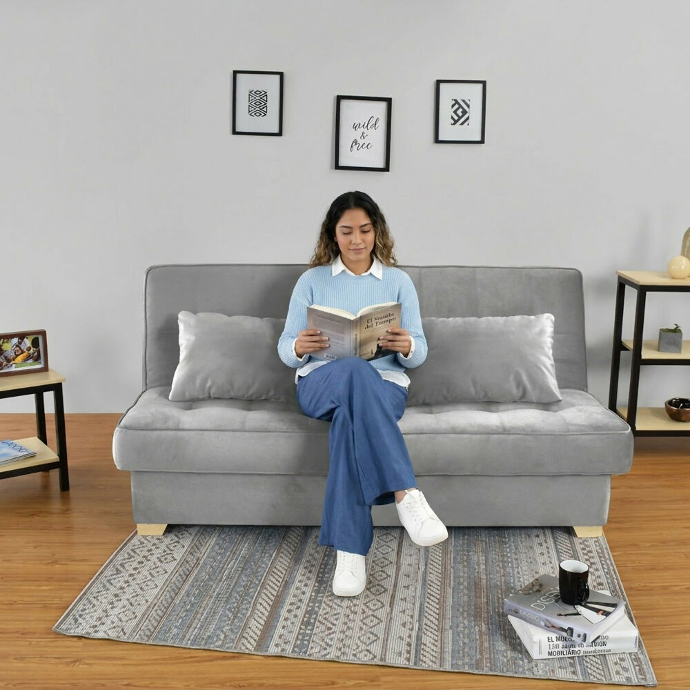 Sofá Cama Cambridge 185x90x90 con Baúl Tela Plata