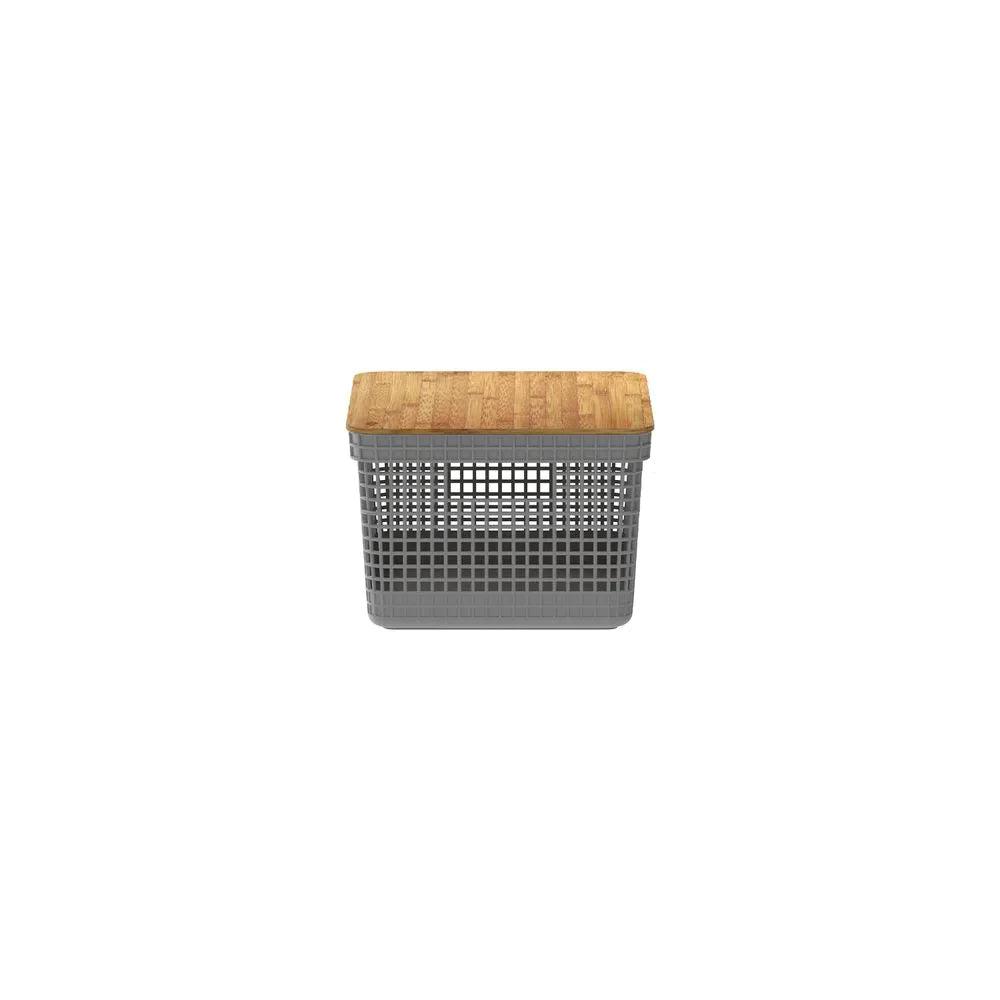 Cesta grid con tapa de bambú color plomo