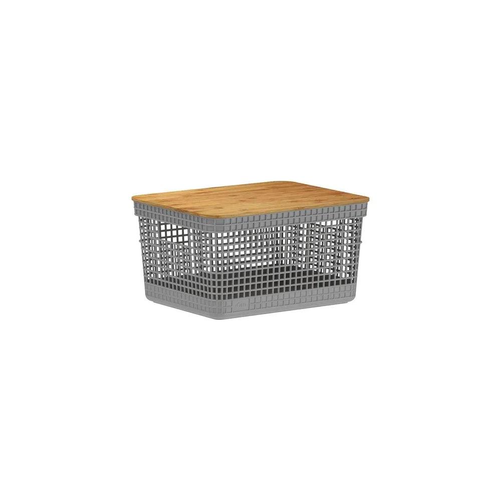 Cesta grid con tapa de bambú color plomo
