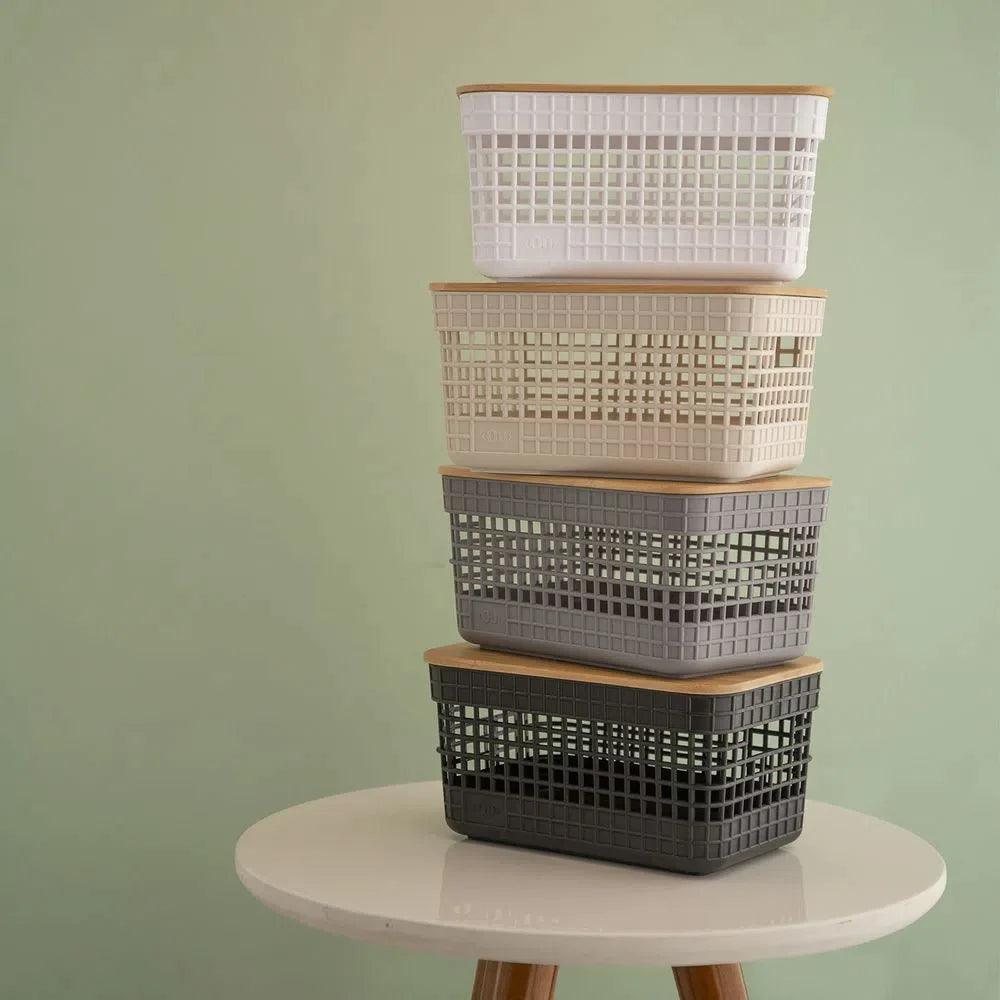 Cesta grid con tapa de bambú  color plomo