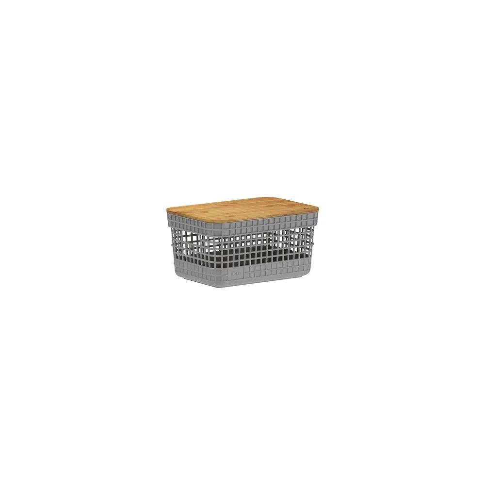 Cesta grid con tapa de bambú  color plomo
