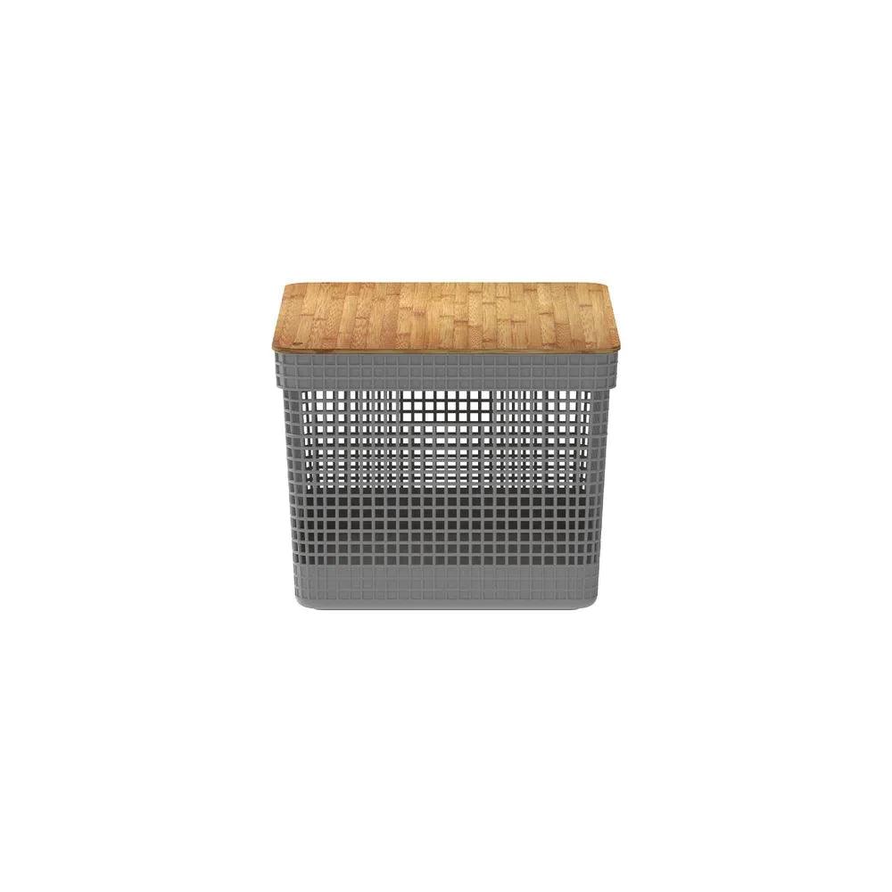Cesta grid con tapa de bambú color plomo