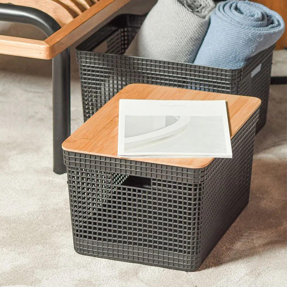 Cesta grid con tapa de bambú color plomo