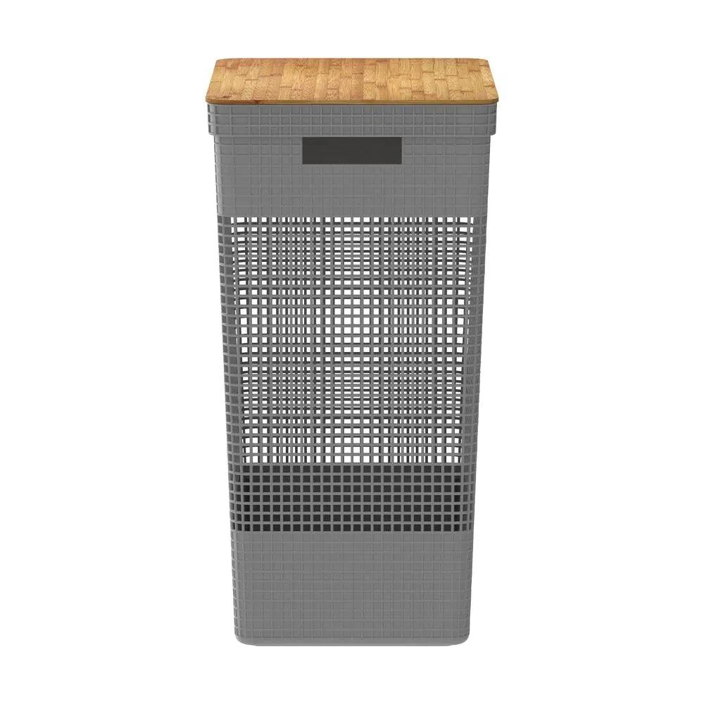 Cesta grid con tapa de bambú  color plomo