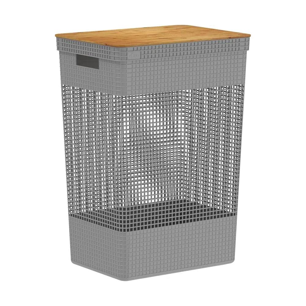 Cesta grid con tapa de bambú  color plomo