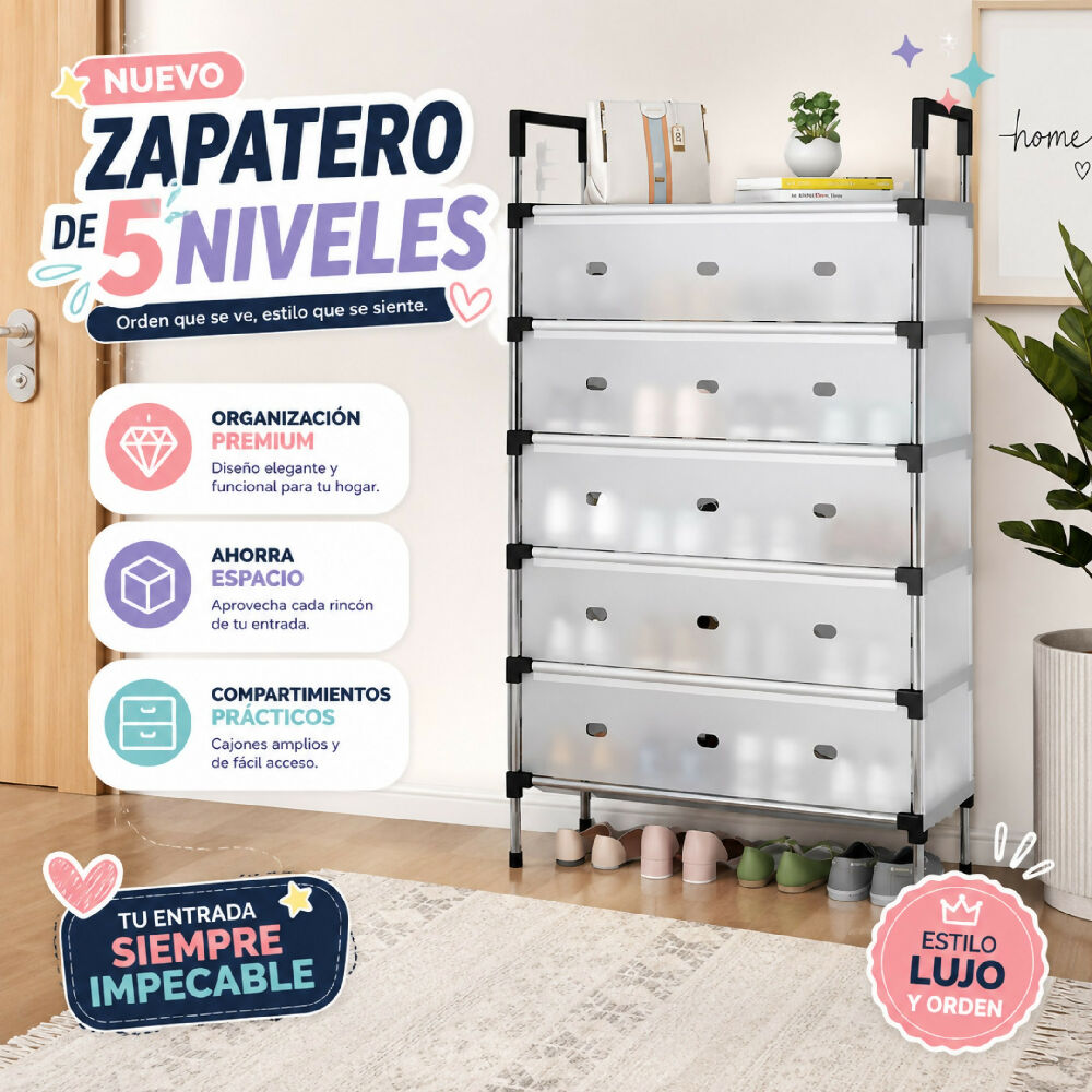Zapatero Organizador De Lujo De 5 Niveles Con Compartimientos Y Cajón