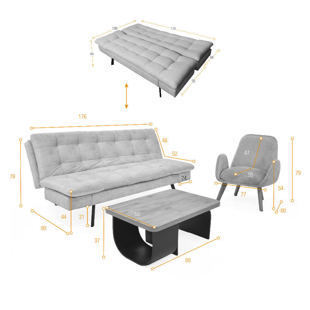 Set de Sala con Sofa Milan Tela Beige con Poltrona Sibu Tela Salmon y Mesa Centro Ark Macula