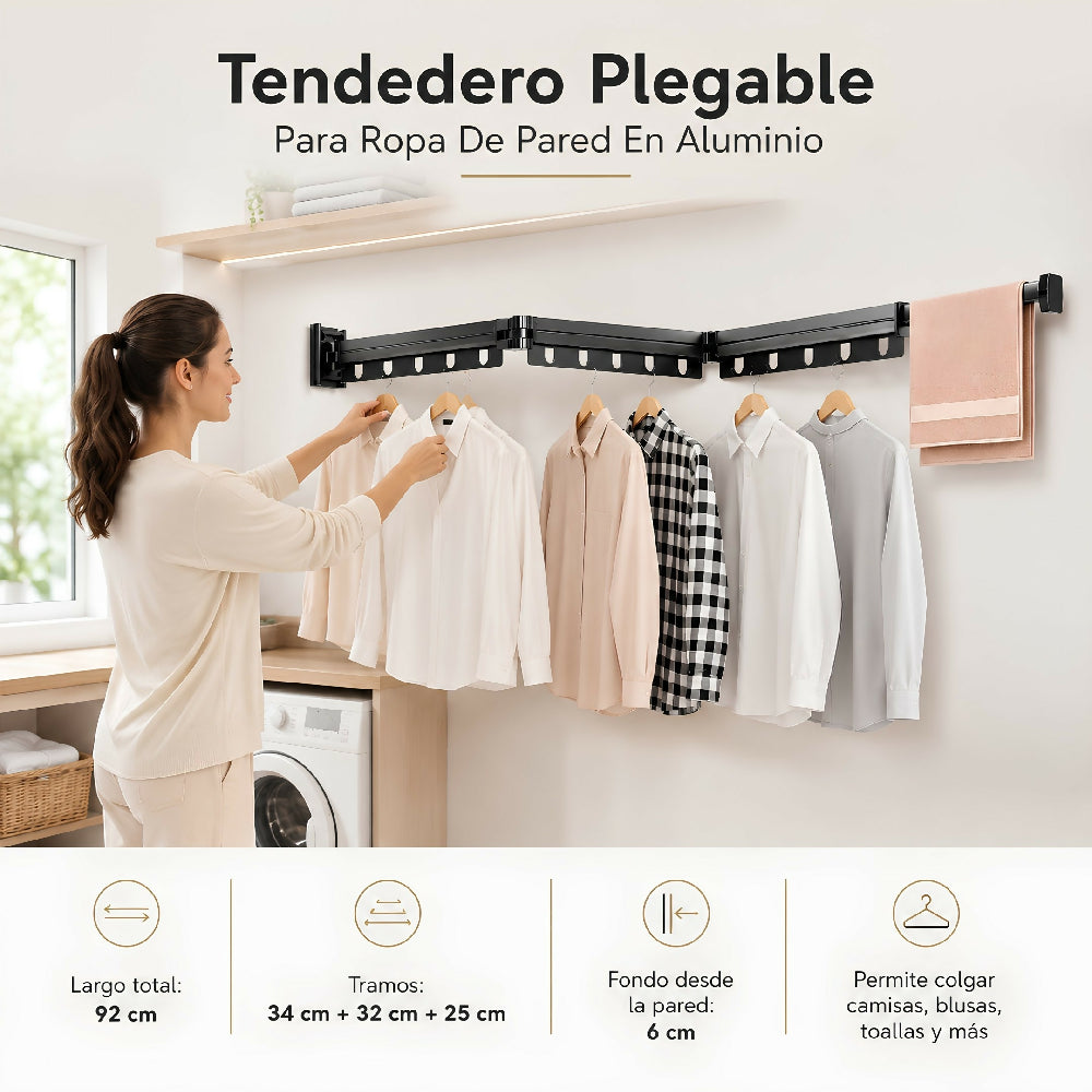 Tendedero Plegable De Pared En Aluminio 92 Cm Retractil Para Ropa