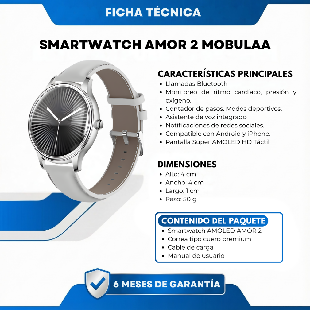 Smartwatch Amor 2 Mobulaa Bluetooth Reloj Inteligente Con Pantalla HD, Frecuencia Cardíaca Y Batería Duradera