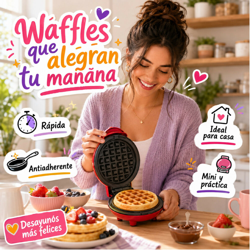 Mini Waflera Redonda Eléctrica Antiadherente Para Waffles Personales