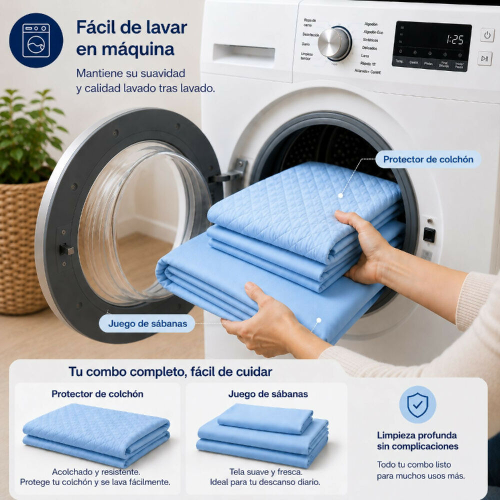 Combo protector colchon + Juego de sábanas semidoble celeste