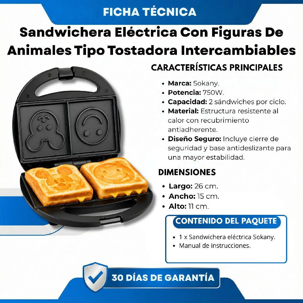Sandwichera Eléctrica Con Figuras De Animales Tipo Tostadora Intercambiables