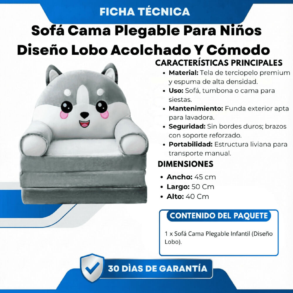 Sofá Cama Plegable Para Niños Diseño Lobo Acolchado Y Cómodo