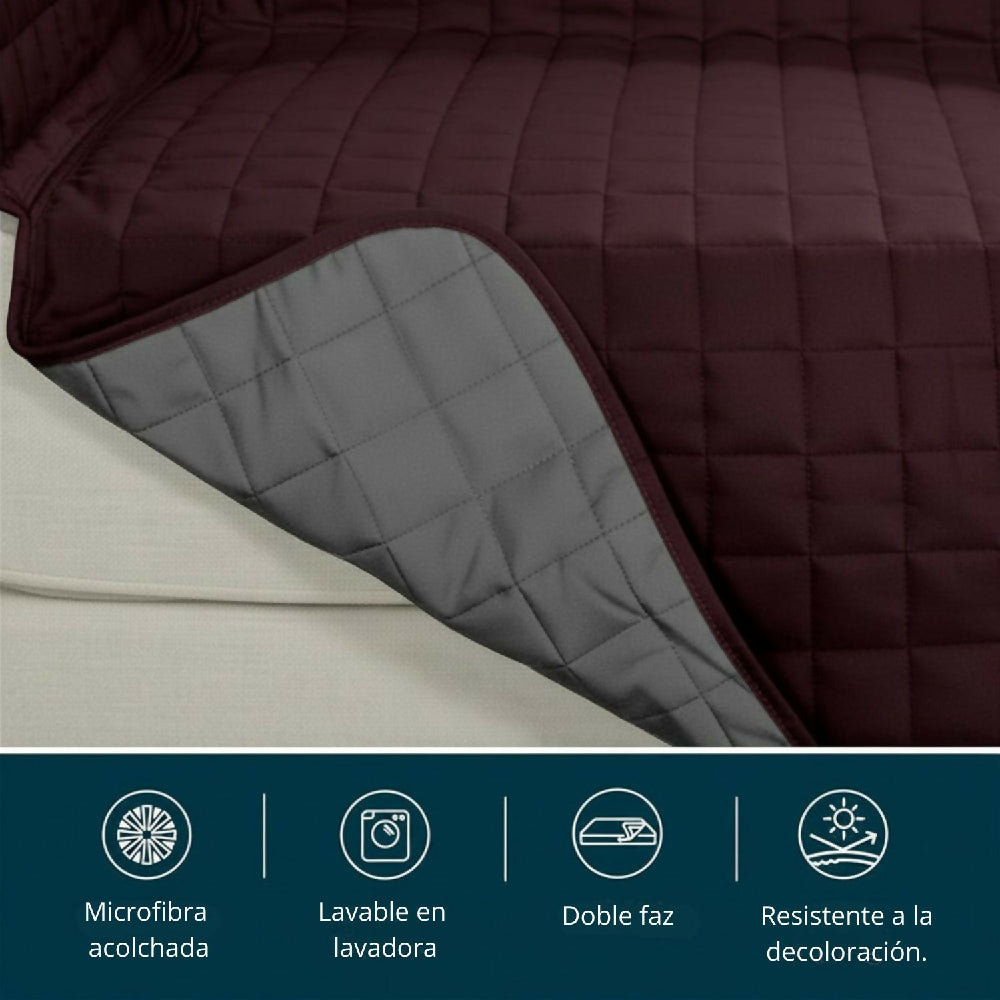 Protector de Sofá 3 Puestos Acolchado Doble Faz Unicolor Vino Tinto y Gris