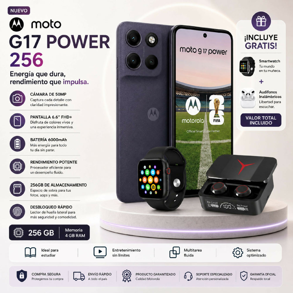Teléfono Motorola Moto G17 Power 256GB Morado + Kit Regalo Reloj Inteligente Y Audífonos