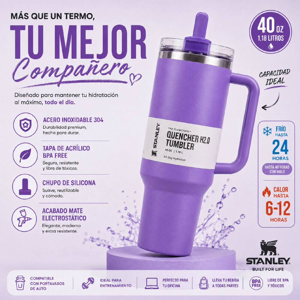 Termo Térmico Stanley 40oz Con Sorbete Ideal Para Gimnasio Y Viajes Morado