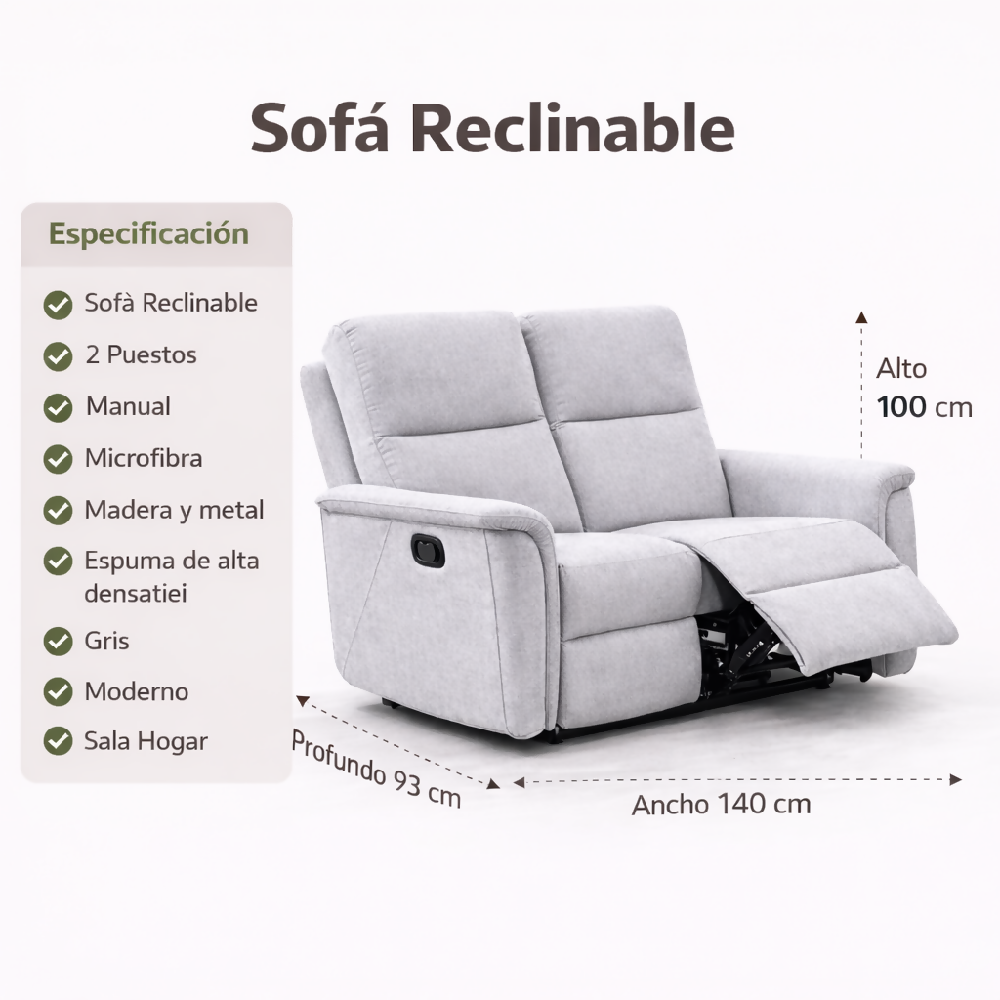 Sofa Reclinable 2 Puestos Tela Gris Claro Tacito