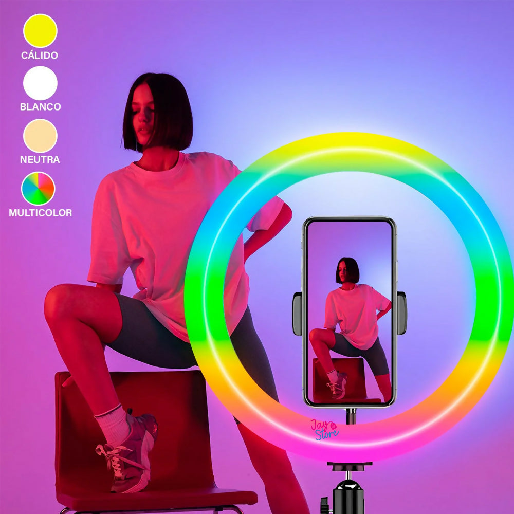Aro de Luz LED RGB 26cm Trípode 2.1mts Fotografías Selfie