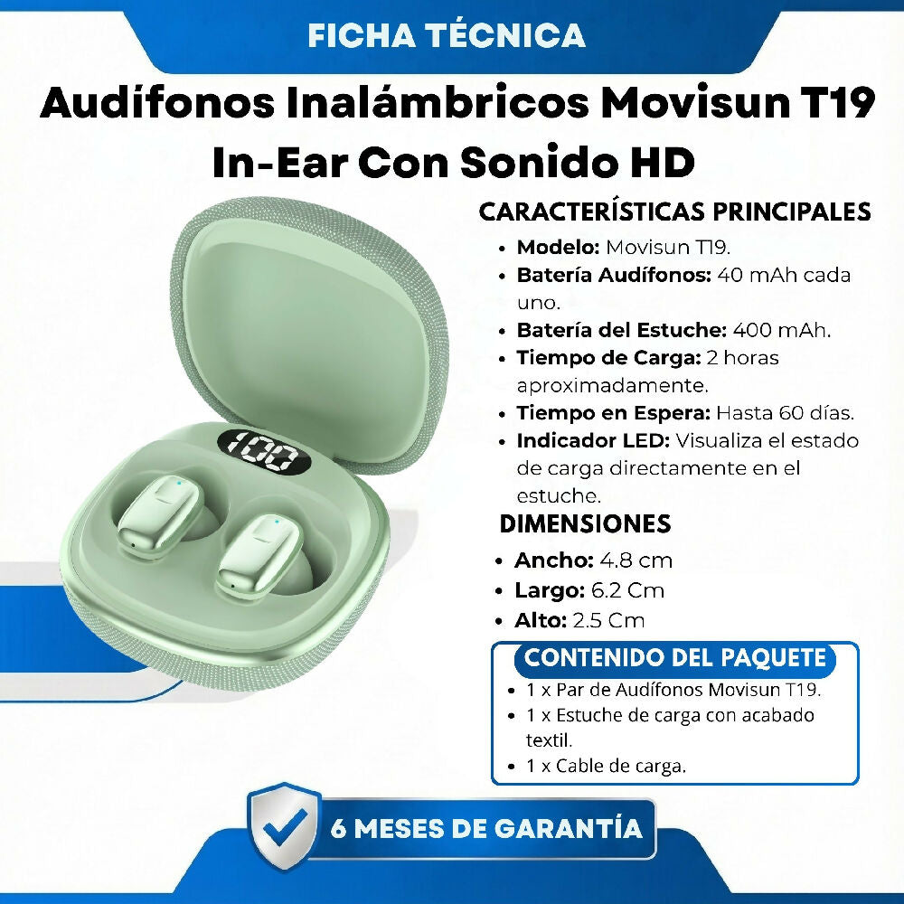 Audífonos Inalámbricos Movisun T19 In-Ear Con Sonido HD Y Estuche De Carga Verde