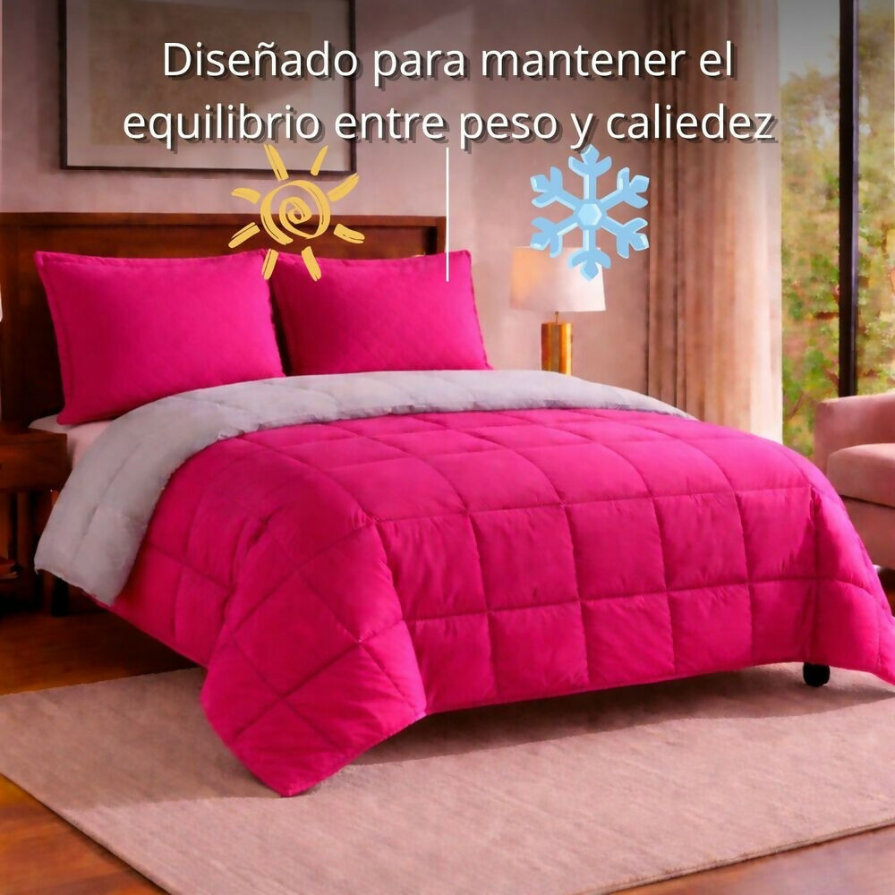 Edredon cubrelecho queen doble faz fucsia gris