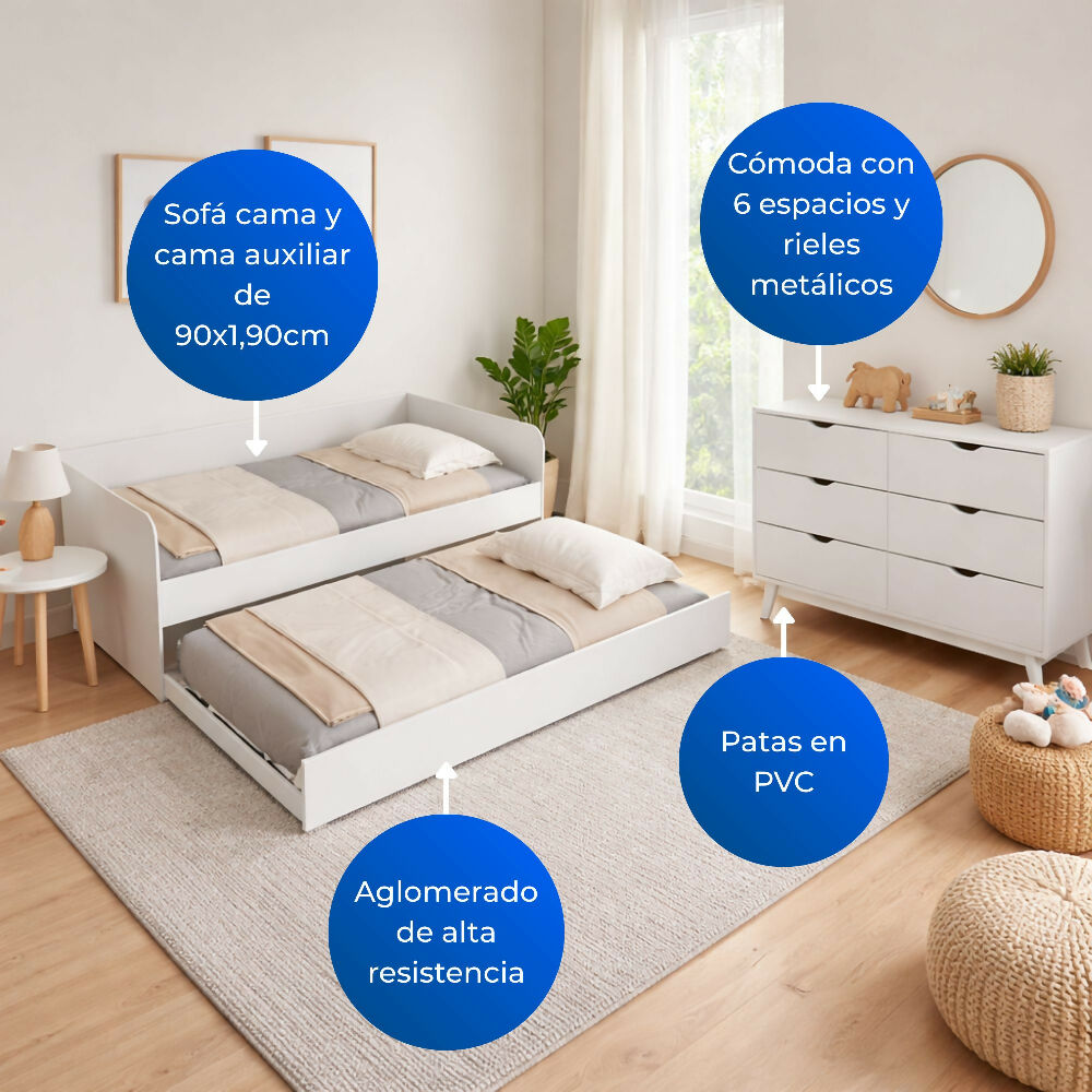Combo Sofá Cama Atlanta Blanco + Cómoda Dakar Blanca