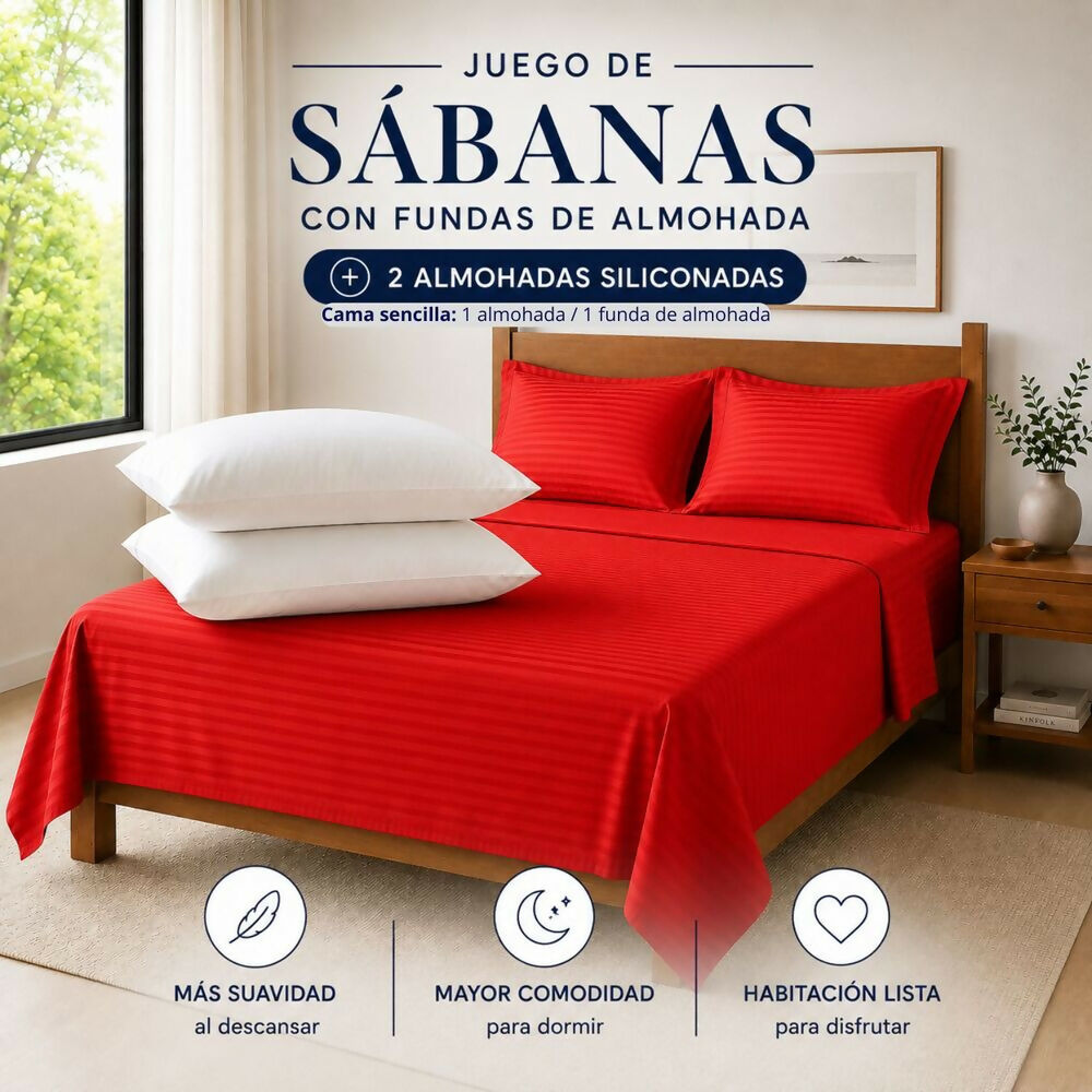 Combo Juego de sábanas + 1 almohada siliconada sencillo rojo