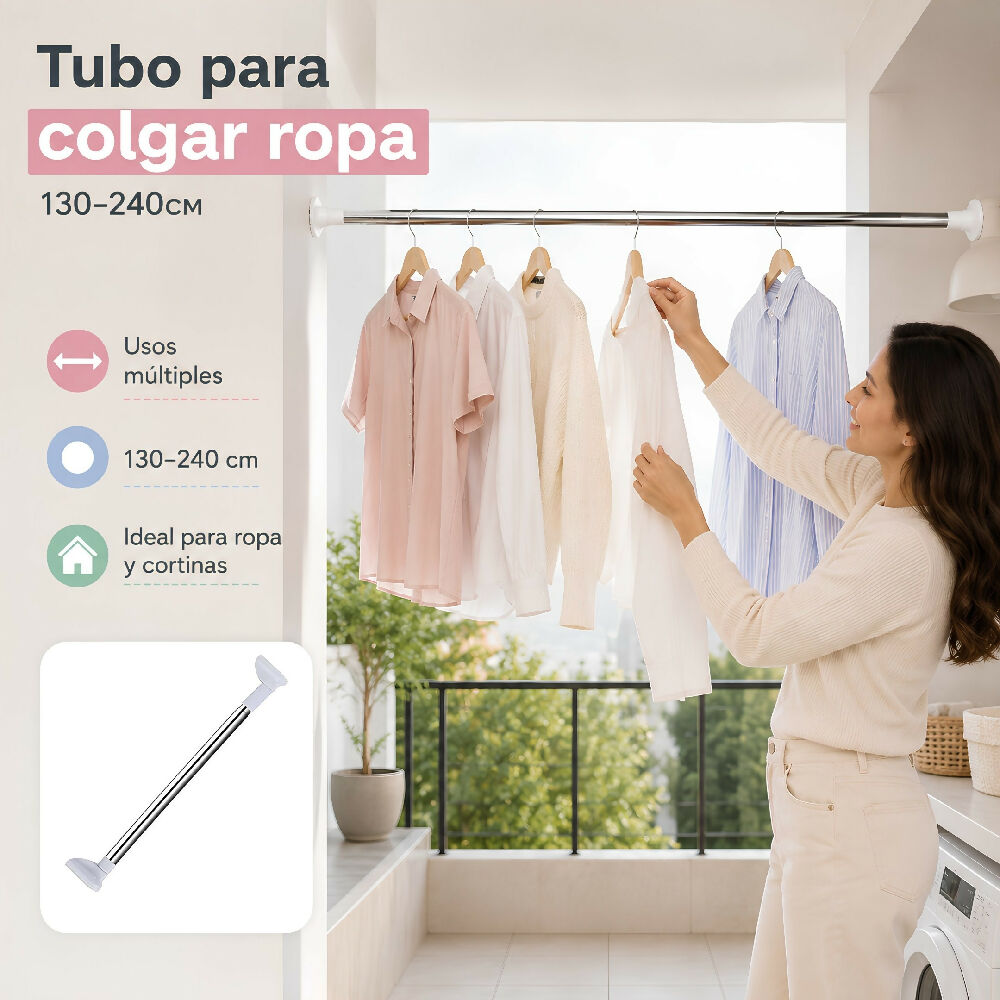 Tubo Para Colgar Ropa Ajustable Extensible 130-240 Cm De Presion Tendedor