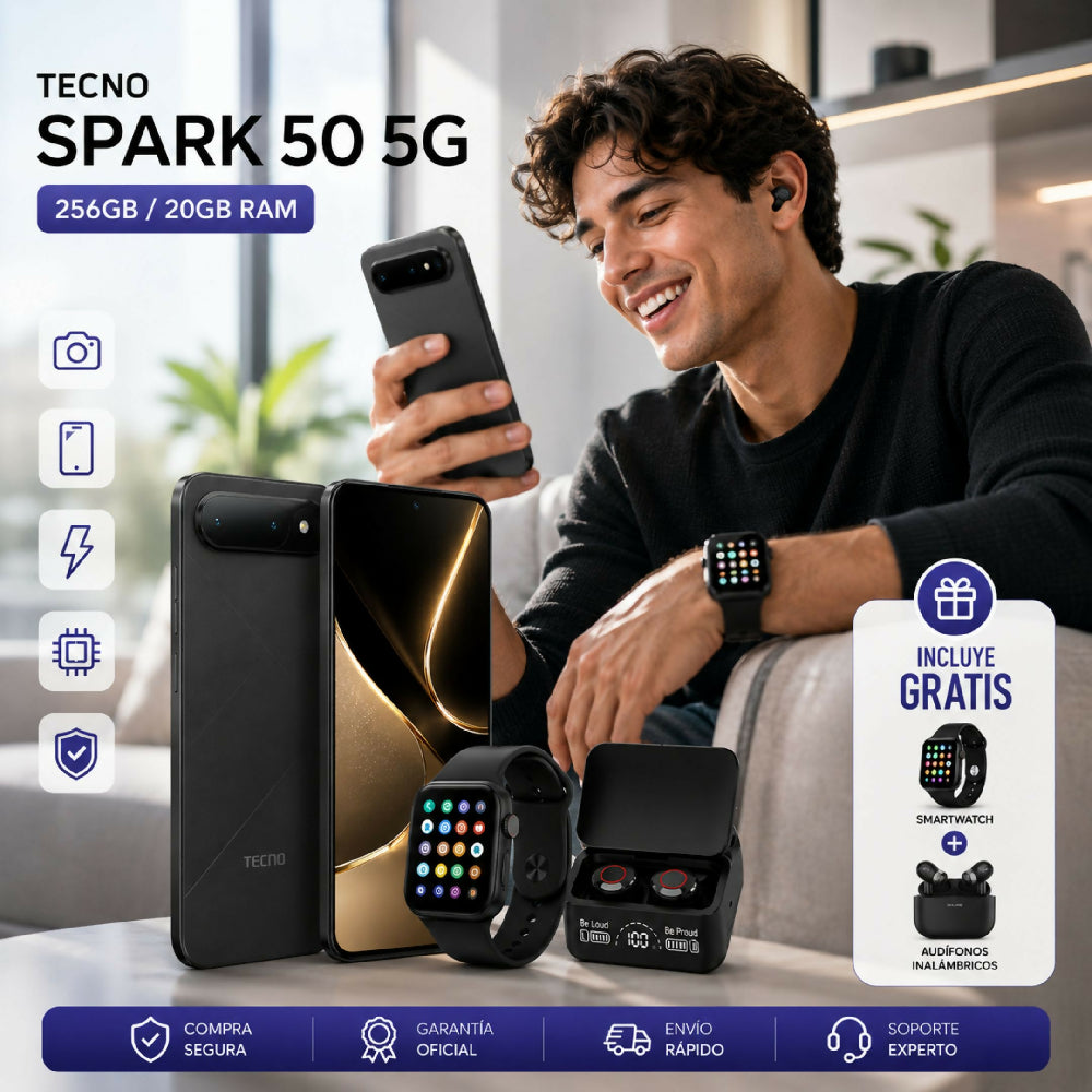 Teléfono Tecno Spark 50 5G 256gb Negro + Kit Regalo Reloj Y Audífonos