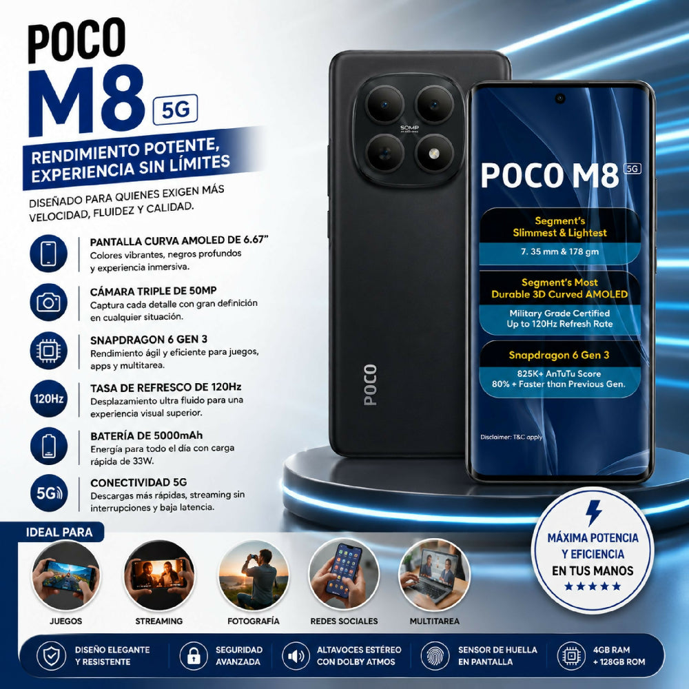 Celular POCO M8 5G 256GB Almacenamiento Y 8GB RAM Pantalla Pro Negro