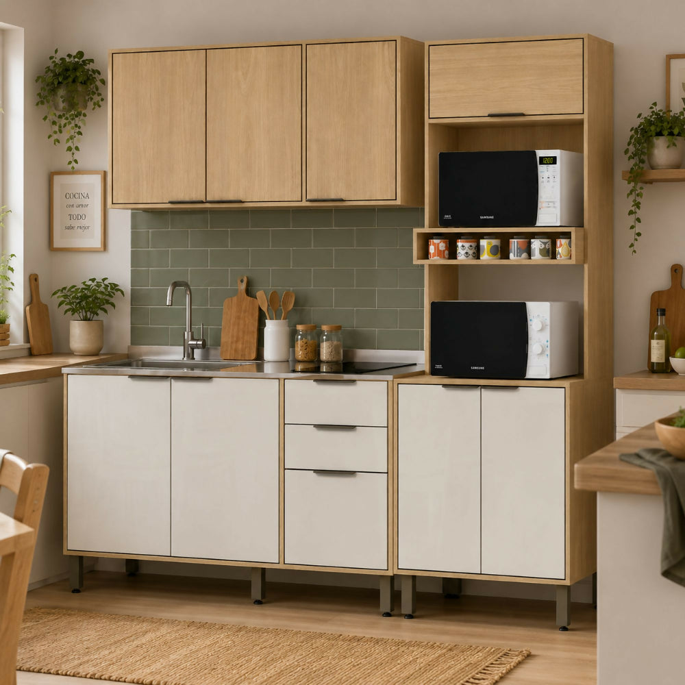 Cocina 190 cm Maui 9 Puertas 2 Cajones - Almendra/Blanco Apagado