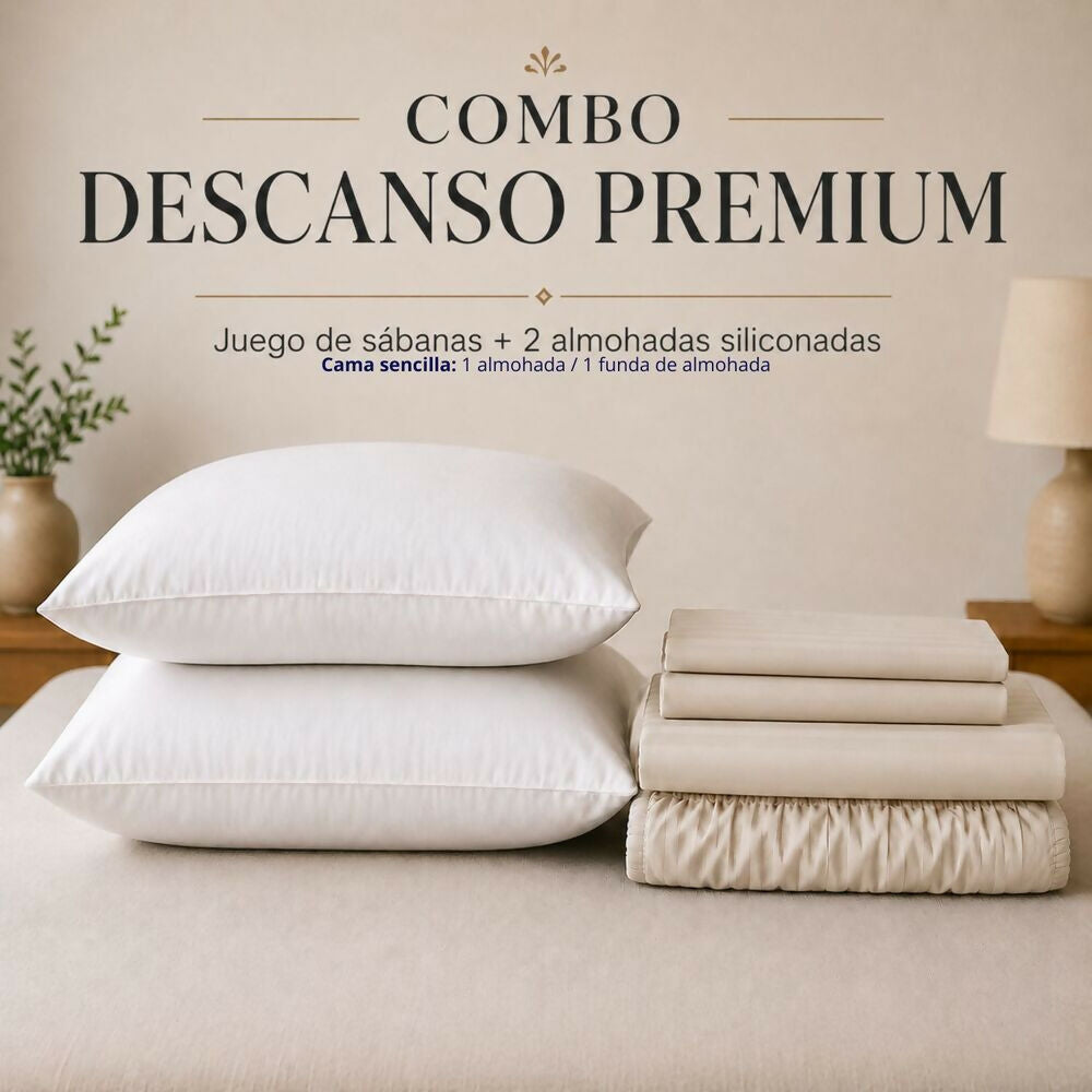 Combo Juego de sábanas + 2 almohadas siliconadas king beige