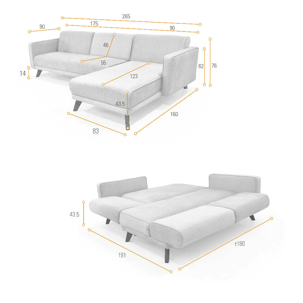 Sofa Cama en L Chelsea Izquierdo 265x160x76 Tela Plata