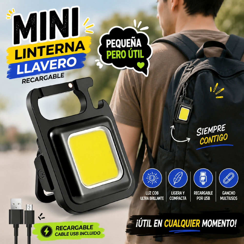 Mini Linterna LED Recargable Tipo Llavero Y Gancho Para Camping