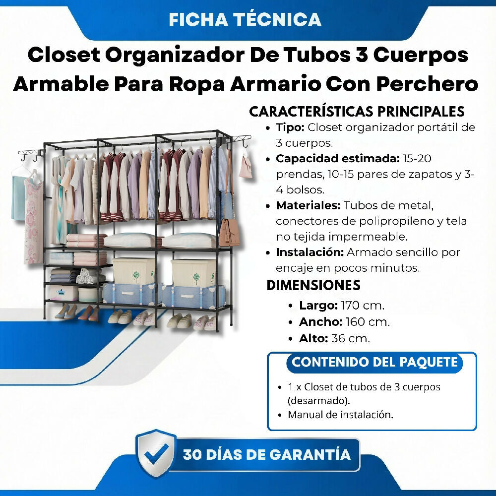 Closet Organizador De Tubos 3 Cuerpos Armable Para Ropa Armario Con Perchero
