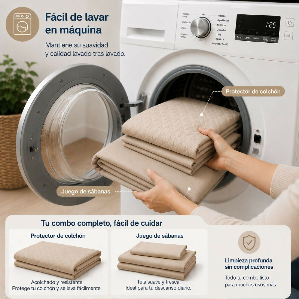 Combo protector colchon + Juego de sábanas queen beige