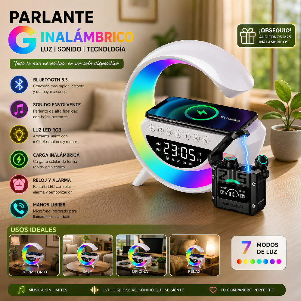 Parlante Bluetooth Lámpara En G Con Carga + Obsequio Audífonos M25