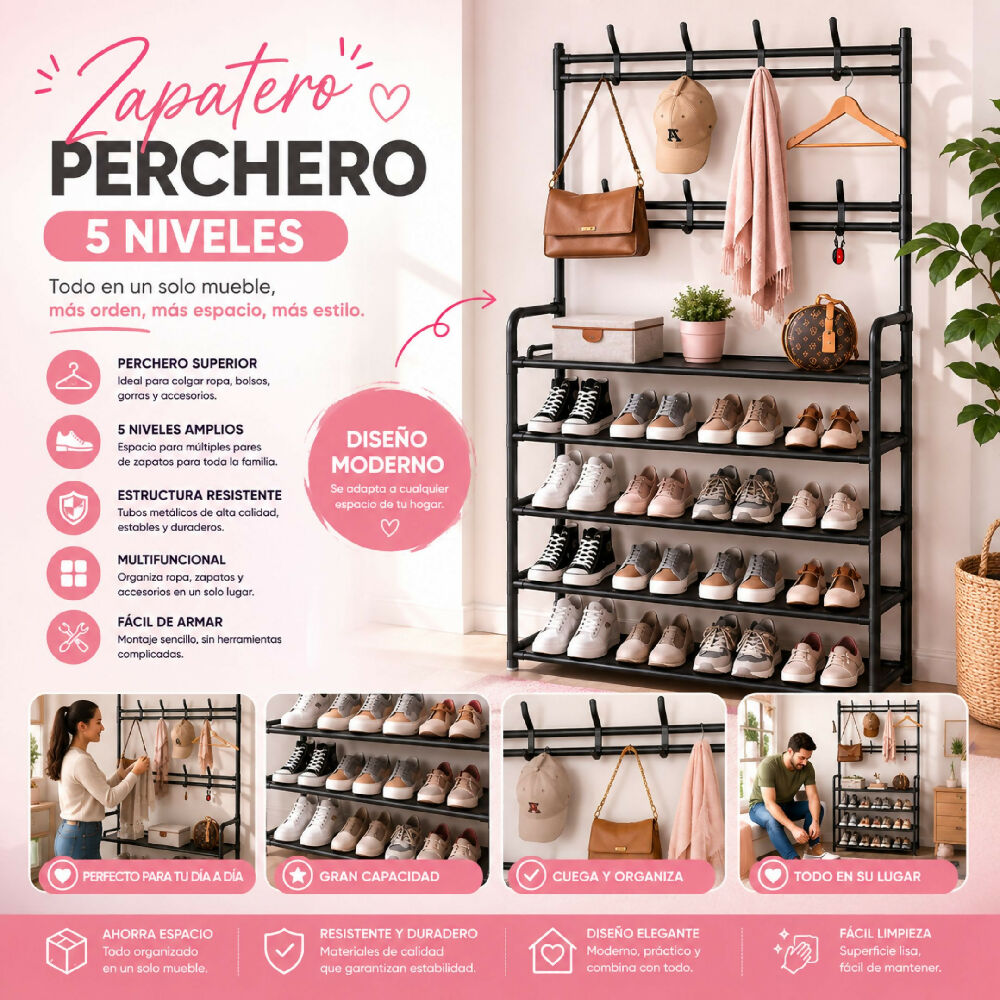 Zapatero Y Perchero 5 Niveles Multiuso Con Estructura Resistente Y Fácil De Armar