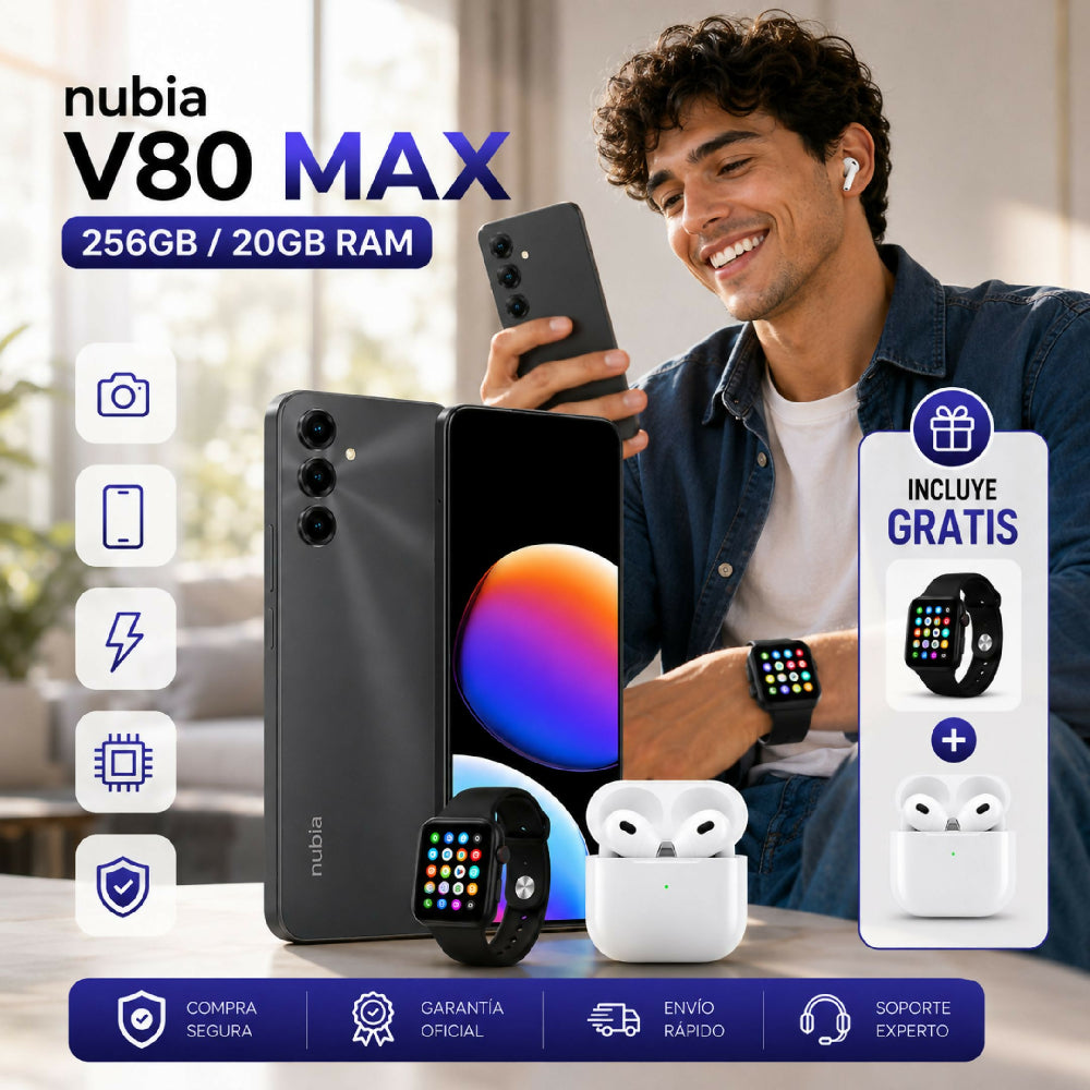 Celular Nubia V80 Max 256GB 20GB RAM Negro + Audífonos Y Reloj Obsequio