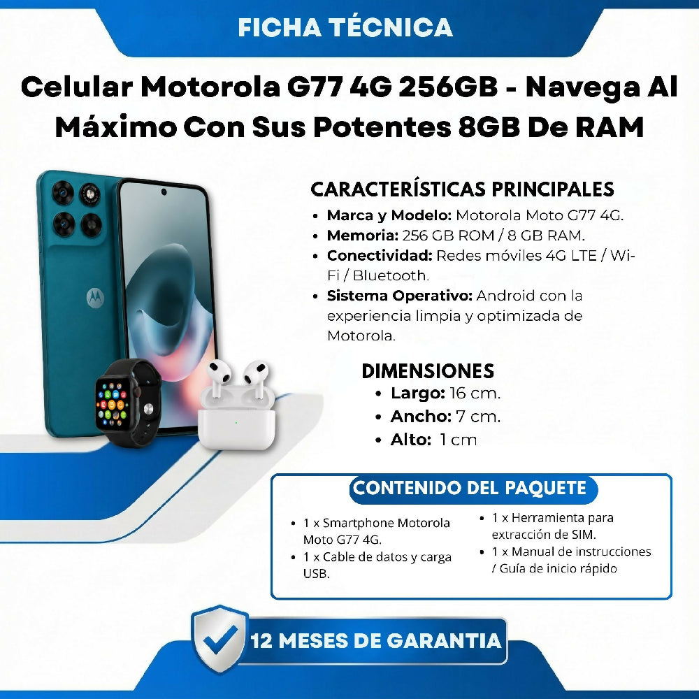 Celular Motorola G77 4G 256GB Rendimiento Ultra Fluido Azul + 2 Obsequios Imperdibles